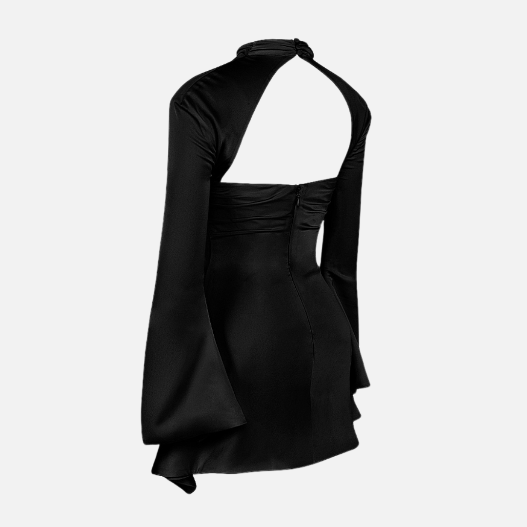 Vestido Curto Preto com Manga Longa e Recorte Frontal Feminino – Lumirina