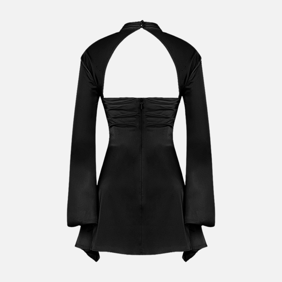 Vestido Curto Preto com Manga Longa e Recorte Frontal Feminino – Lumirina