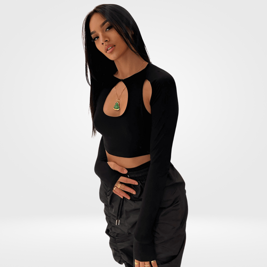 Top Cropped Preto de Manga Longa com Recortes – Virarina