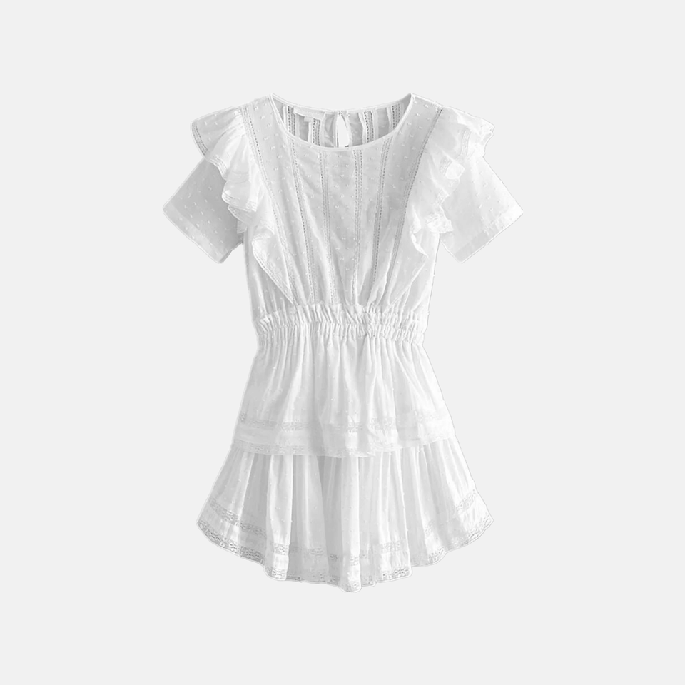 Vestido Curto Branco Romântico com Babados – Ziarina