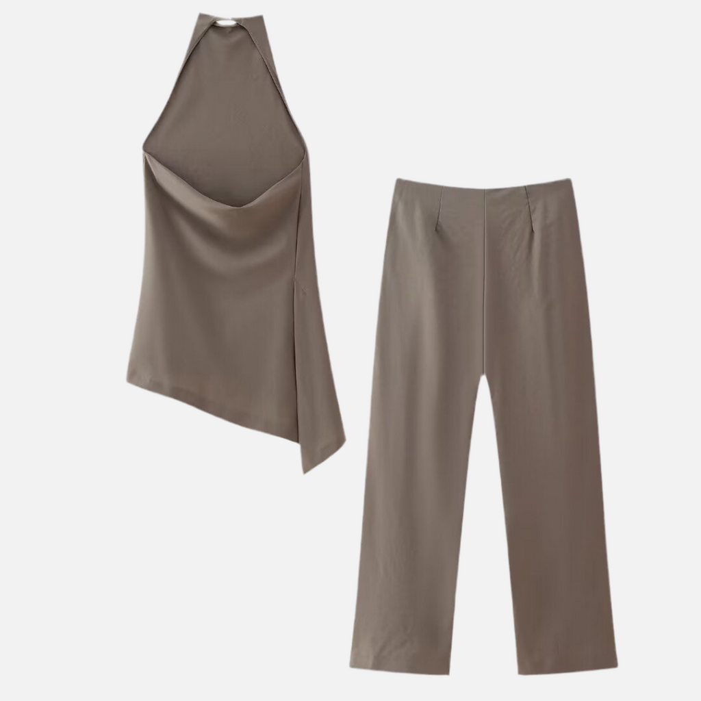 Conjunto Feminino Calça Pantalona e Blusa Frente Única Assimétrica – Mariana