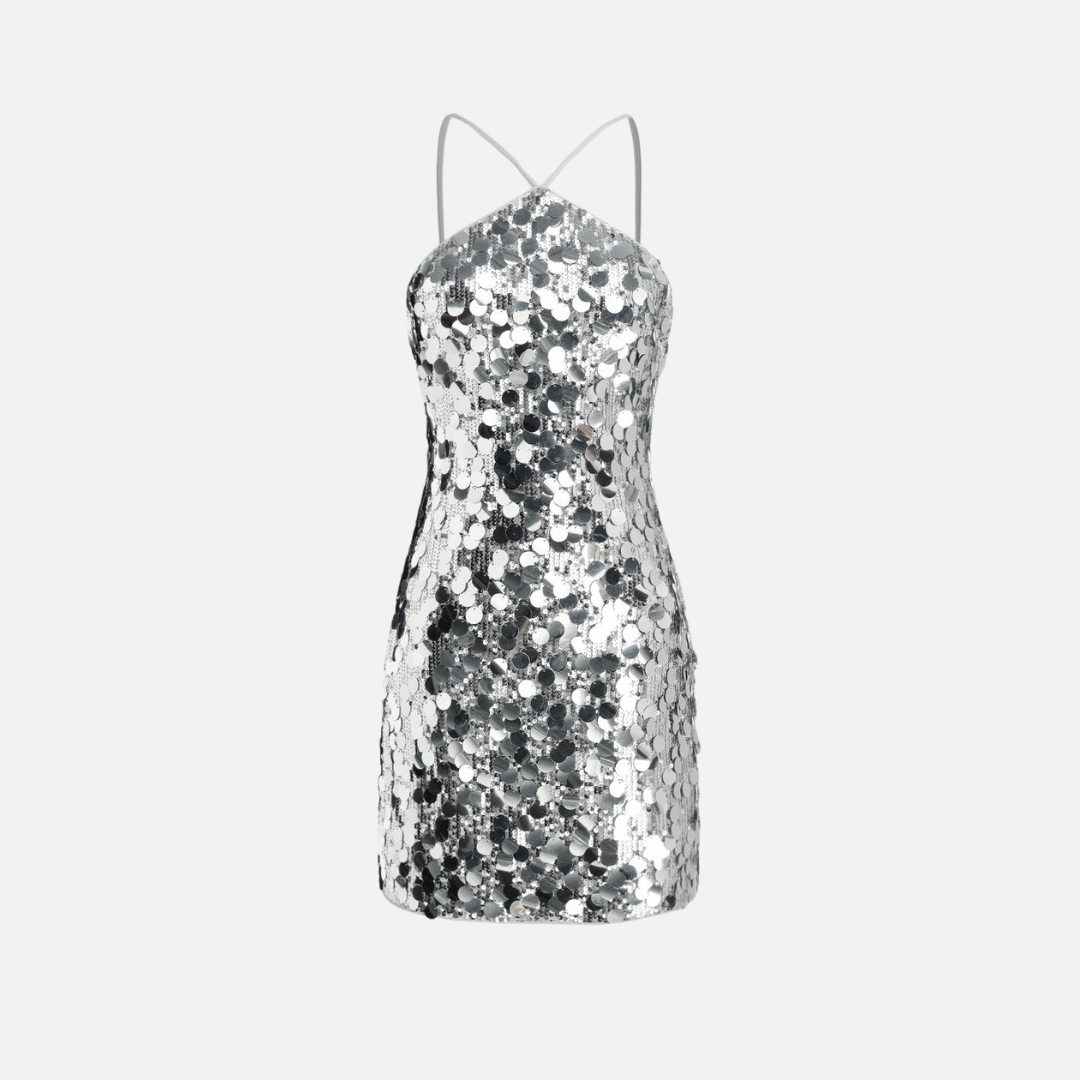 Vestido Curto de Festa com Paetês Prateados e Alças Finas – Riarina
