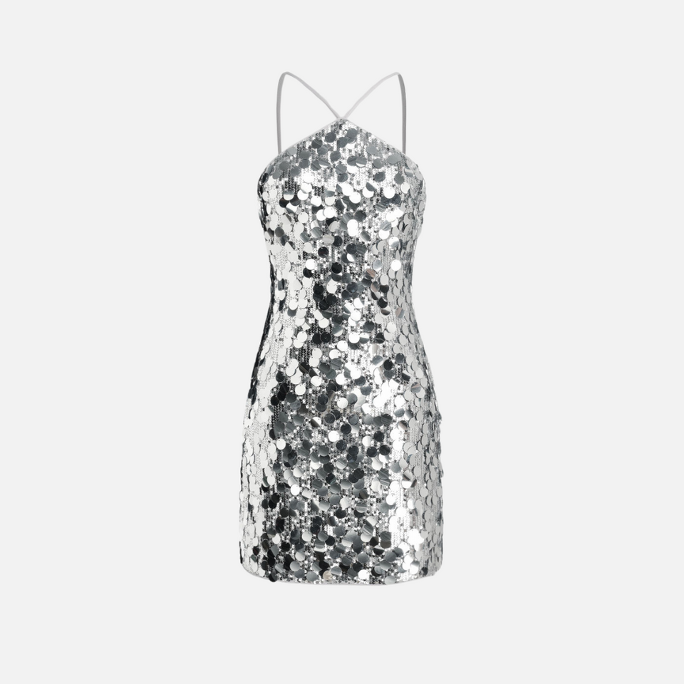 Vestido Curto de Festa com Paetês Prateados e Alças Finas – Riarina