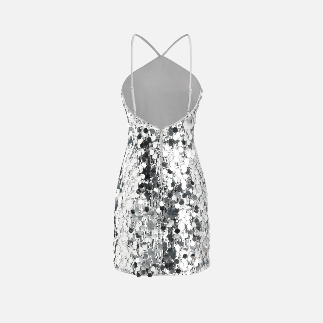 Vestido Curto de Festa com Paetês Prateados e Alças Finas – Riarina