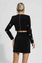 Conjunto Feminino Curto Preto com Pedrarias Bordadas e Manga Longa – Lelirina