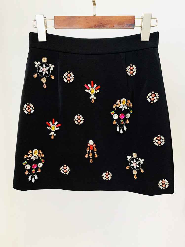 Conjunto Feminino Curto Preto com Pedrarias Bordadas e Manga Longa – Lelirina
