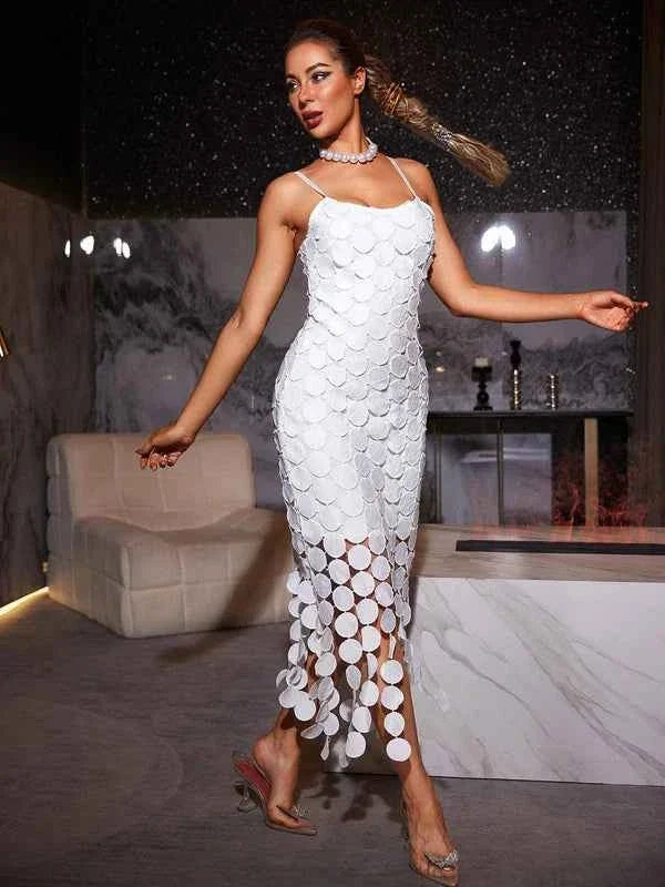 Vestido de Festa Midi de Malha com Aplicação de Paetês Vazados – Olinira