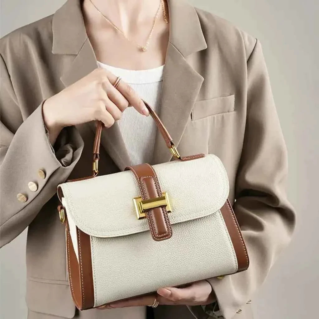 Bolsa de Mão Feminina Estruturada Bicolor com Alça Larga de Tecido Removível – Calilia