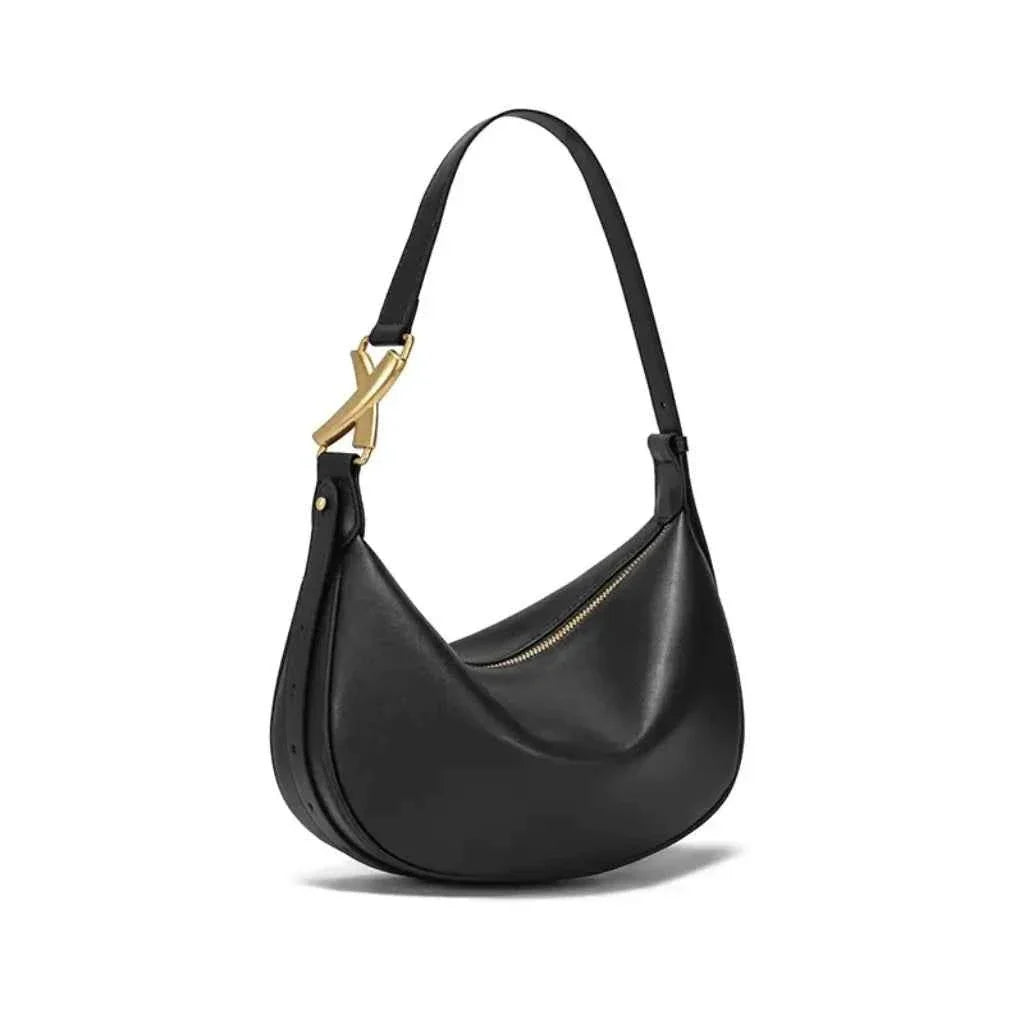 Bolsa Hobo Feminina de Couro PU com Design Meia Lua e Detalhe Escultural Dourado – Coralia
