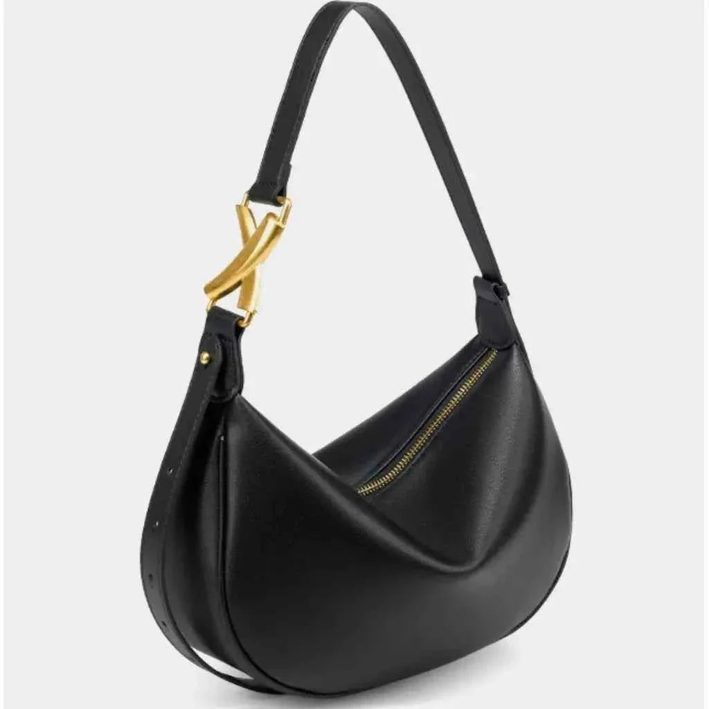 Bolsa Hobo Feminina de Couro PU com Design Meia Lua e Detalhe Escultural Dourado – Coralia