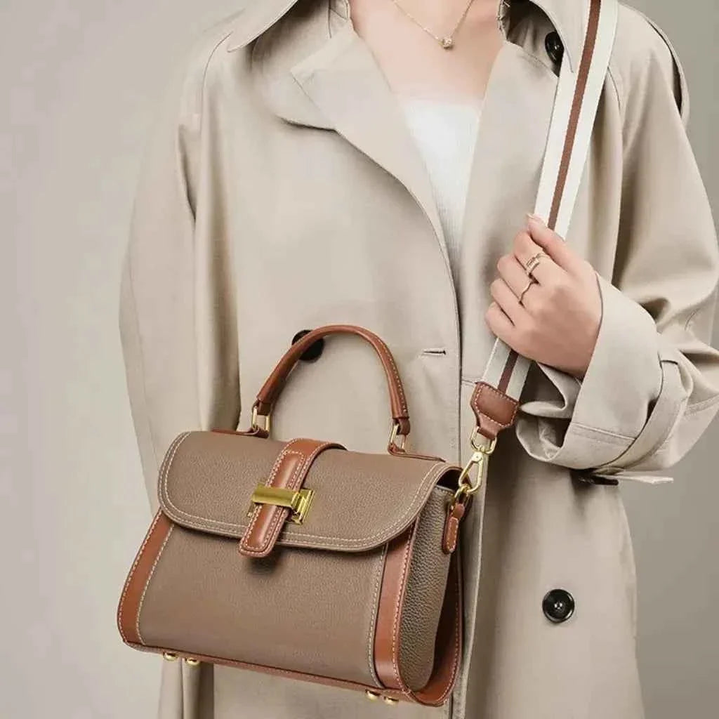 Bolsa de Mão Feminina Estruturada Bicolor de Couro PU com Alça Larga Removível – Delilia