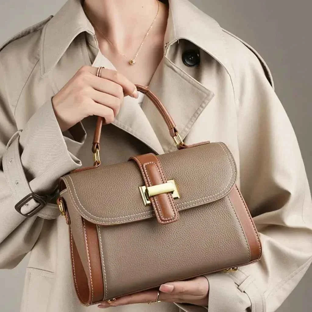 Bolsa de Mão Feminina Estruturada Bicolor de Couro PU com Alça Larga Removível – Delilia