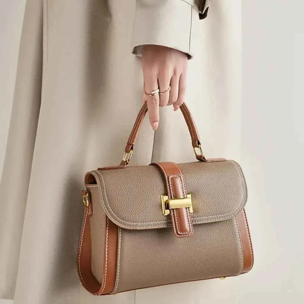 Bolsa de Mão Feminina Estruturada Bicolor de Couro PU com Alça Larga Removível – Delilia