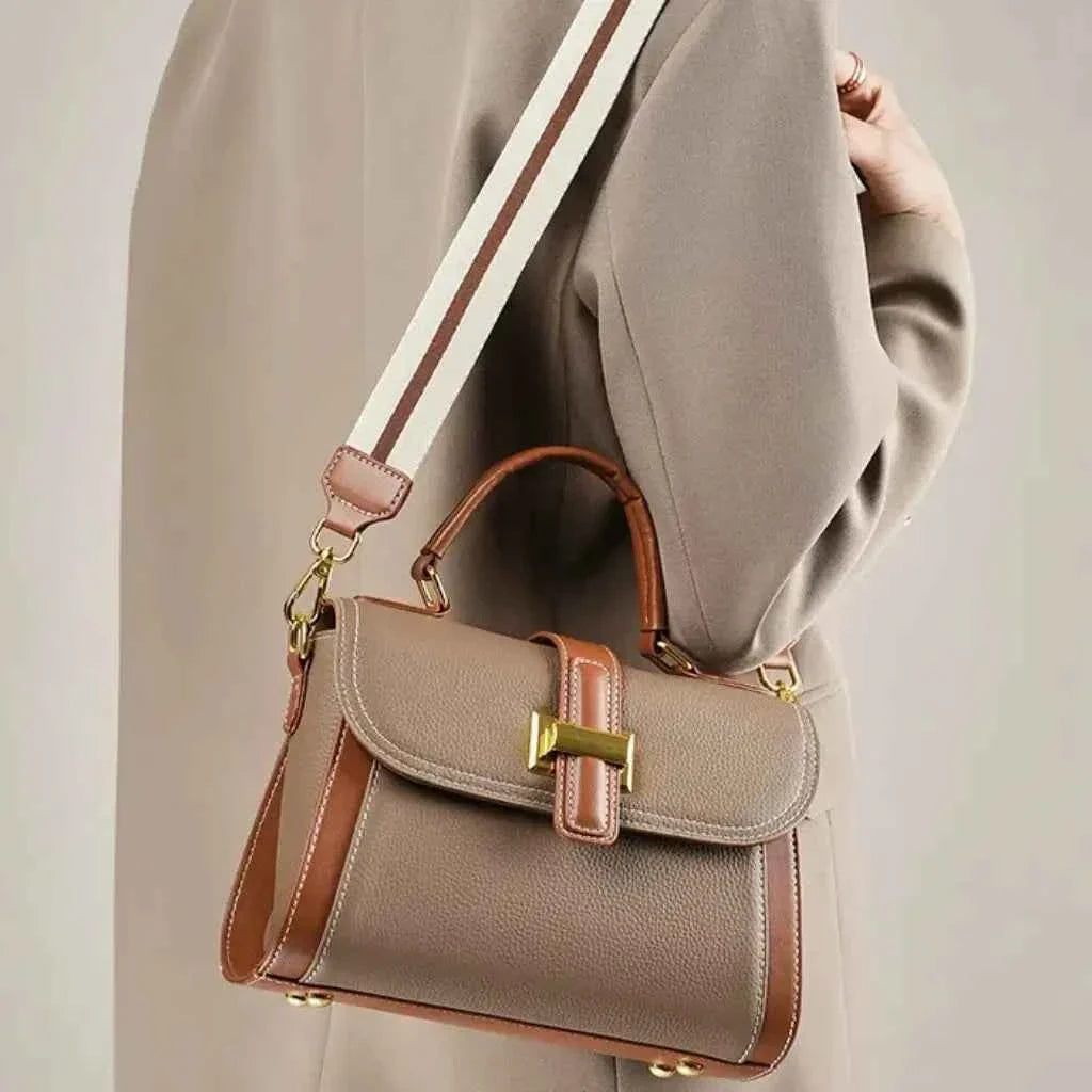 Bolsa de Mão Feminina Estruturada Bicolor de Couro PU com Alça Larga Removível – Delilia