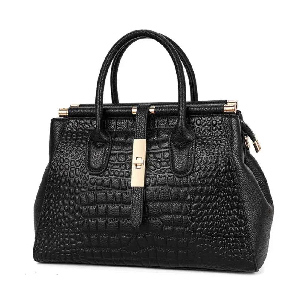 Bolsa Tote Executiva de Couro PU com Textura Croco e Fecho Dourado – Elilia