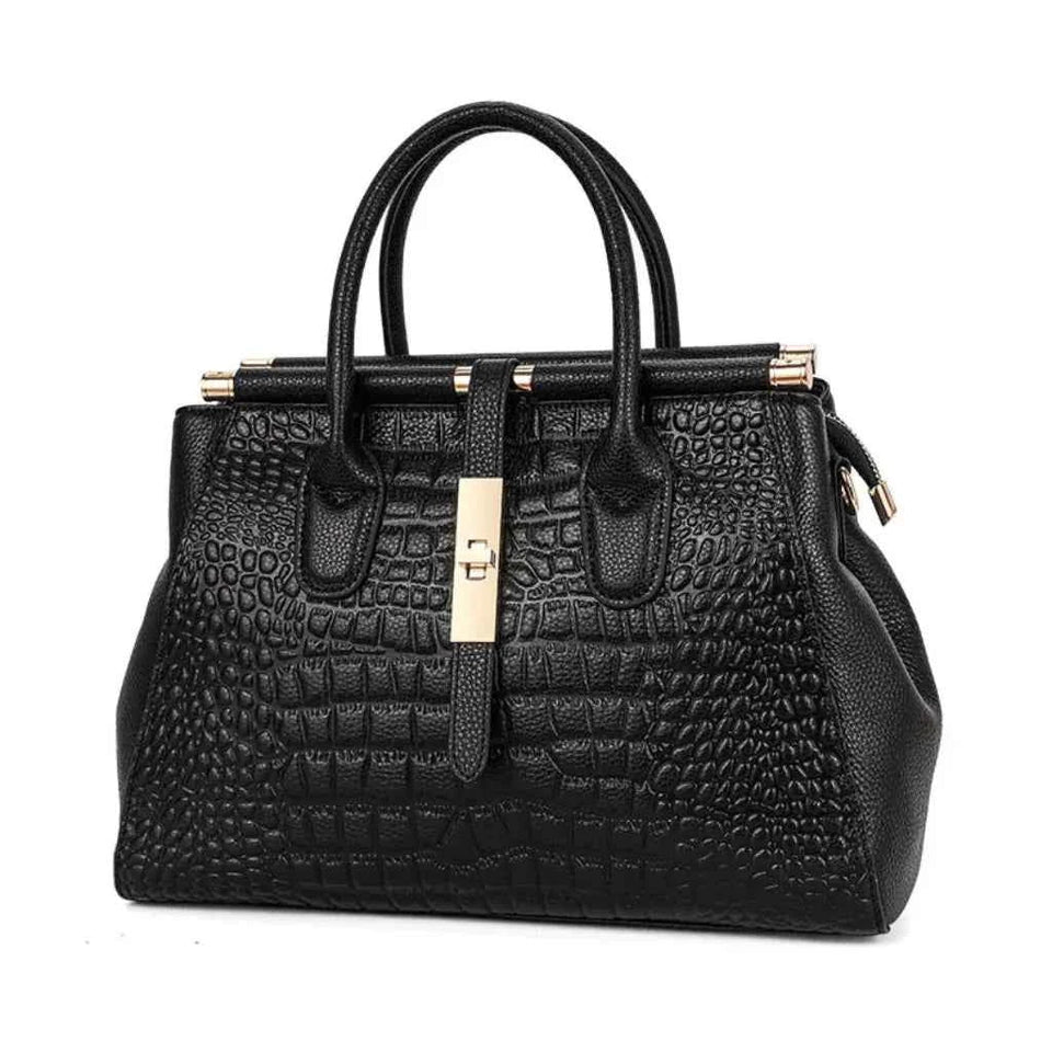 Bolsa Tote Executiva de Couro PU com Textura Croco e Fecho Dourado – Elilia