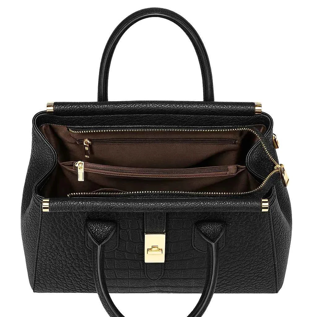 Bolsa Tote Executiva de Couro PU com Textura Croco e Fecho Dourado – Elilia