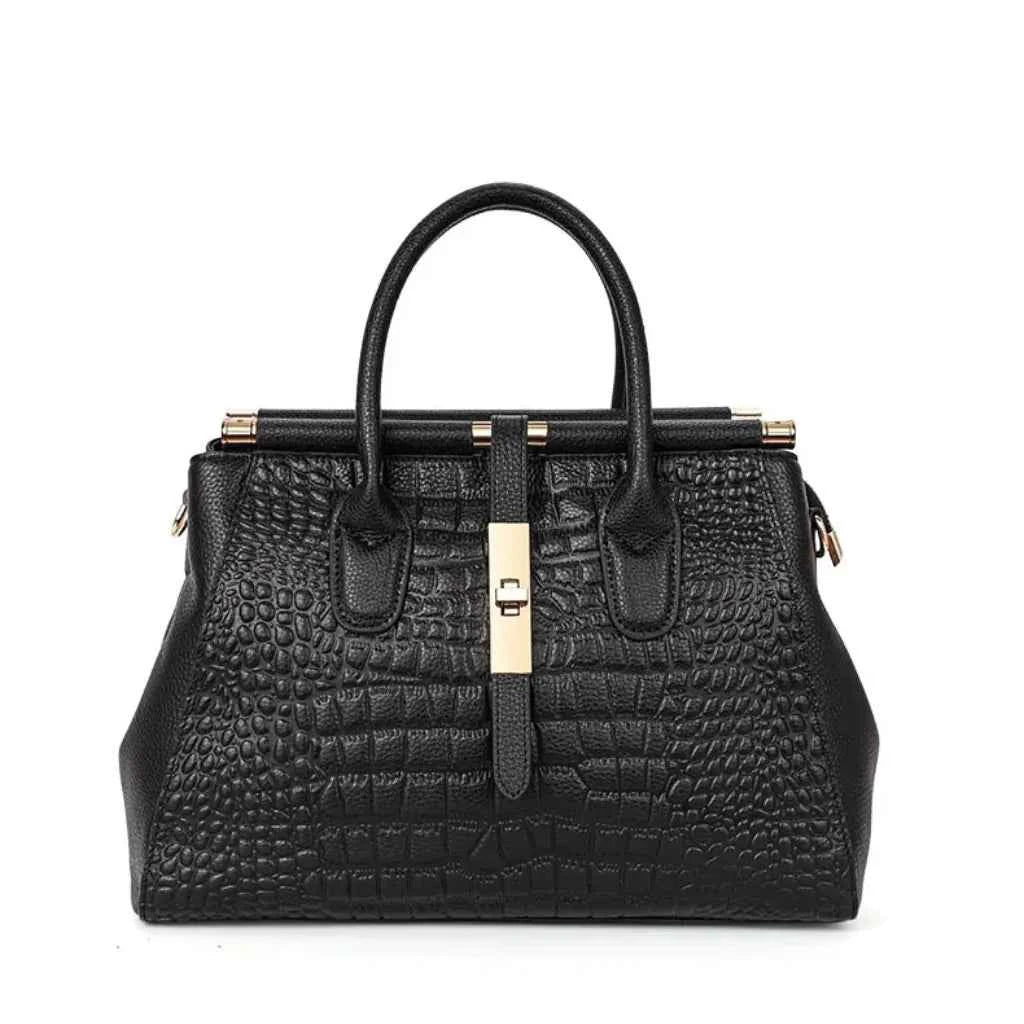 Bolsa Tote Executiva de Couro PU com Textura Croco e Fecho Dourado – Elilia