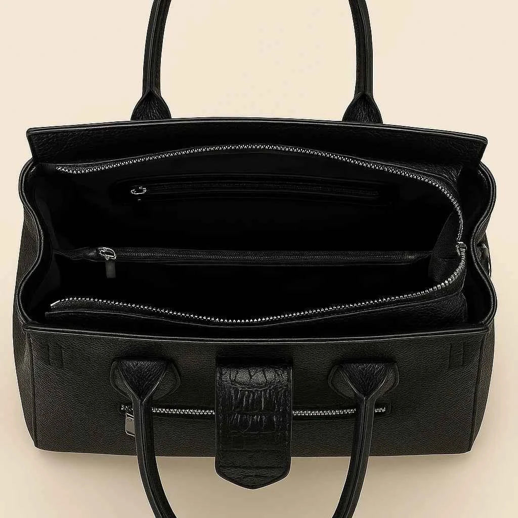 Bolsa Tote Estruturada de Couro Granulado com Detalhe em Textura Croco – Elalia