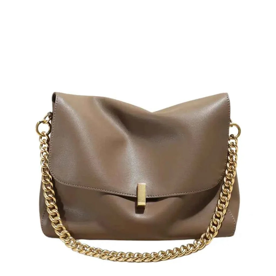 Bolsa de Ombro Feminina em Couro PU com Aba e Alça de Corrente Dourada – Liralia