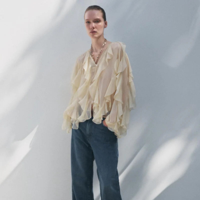 Blusa de Chiffon com Babados Volumosos e Manga Bufante – Yalilia