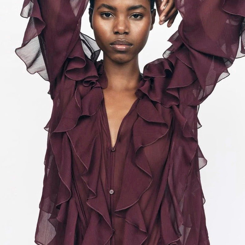 Blusa de Chiffon com Babados Volumosos e Manga Bufante – Yalilia