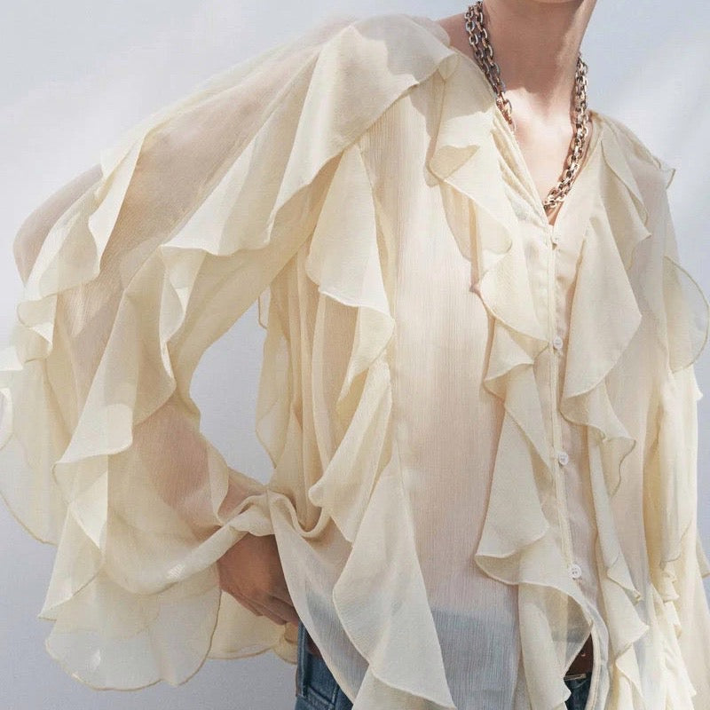 Blusa de Chiffon com Babados Volumosos e Manga Bufante – Yalilia