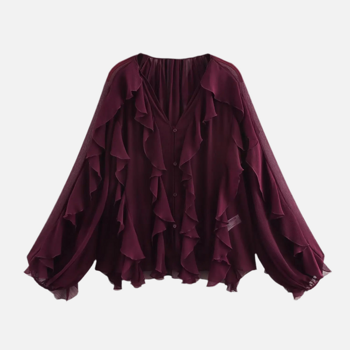Blusa de Chiffon com Babados Volumosos e Manga Bufante – Yalilia