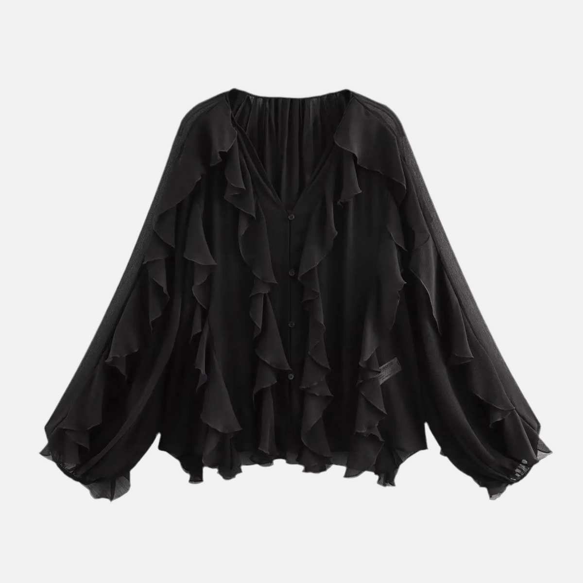 Blusa de Chiffon com Babados Volumosos e Manga Bufante – Yalilia