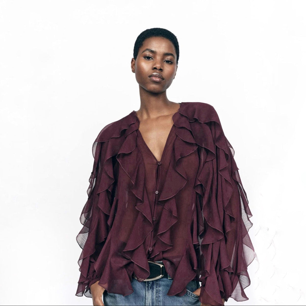 Blusa de Chiffon com Babados Volumosos e Manga Bufante – Yalilia