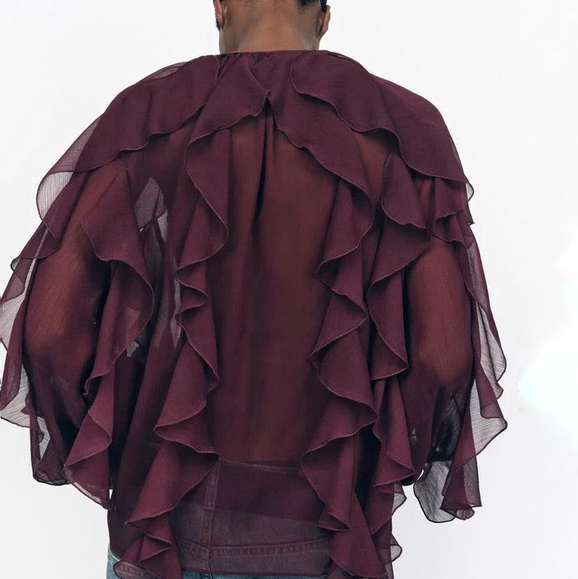 Blusa de Chiffon com Babados Volumosos e Manga Bufante – Yalilia