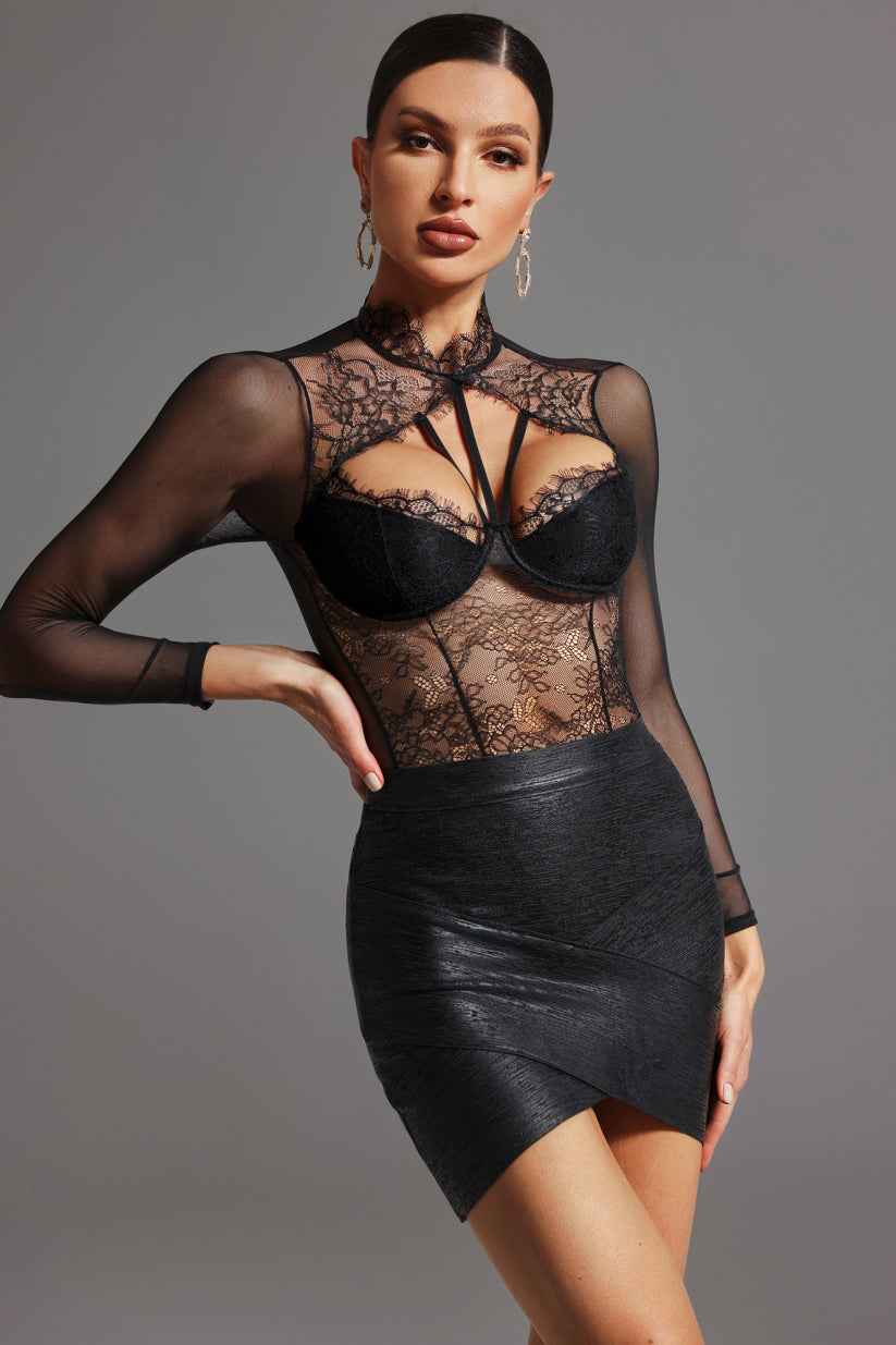 Body Feminino de Festa com Tule Transparente e Renda Preta – Fiolina