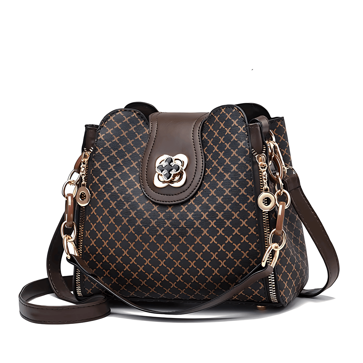 Bolsa Saco Feminina com Monograma, Alça de Corrente e Fecho Decorativo – Alalia