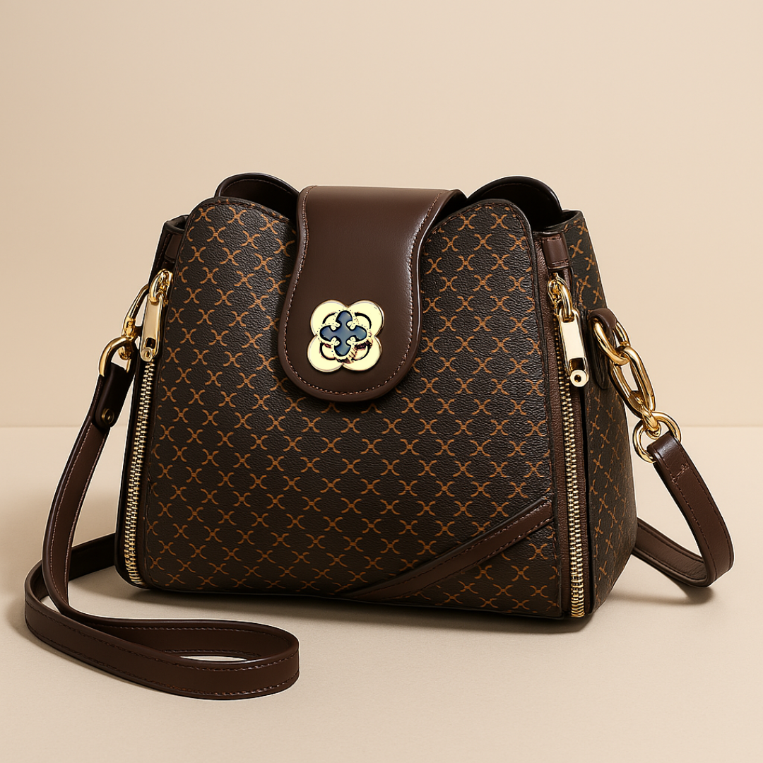 Bolsa Saco Feminina com Monograma, Alça de Corrente e Fecho Decorativo – Alalia