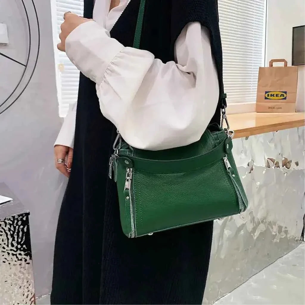 Bolsa Feminina de Couro PU Granulado com Múltiplos Zíperes e Alça Removível – Ralilina