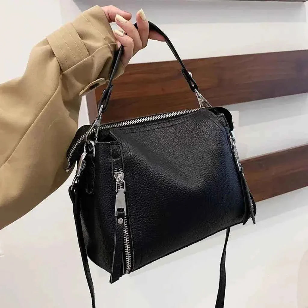 Bolsa Feminina de Couro PU Granulado com Múltiplos Zíperes e Alça Removível – Ralilina