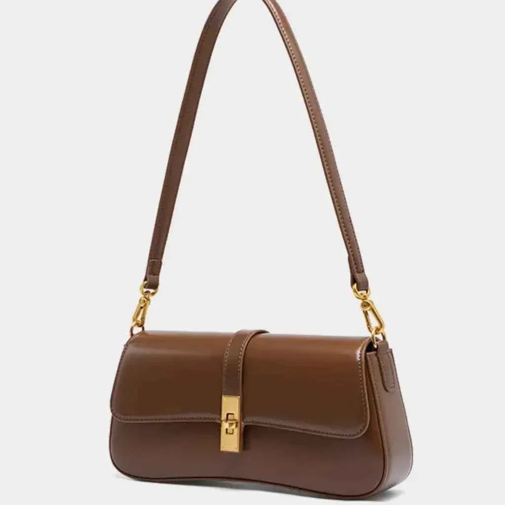 Bolsa de Ombro Estruturada de Couro PU com Aba e Fecho Dourado – Valilina