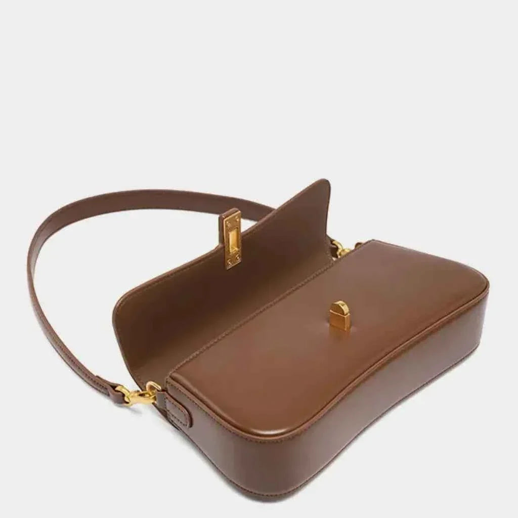 Bolsa de Ombro Estruturada de Couro PU com Aba e Fecho Dourado – Valilina