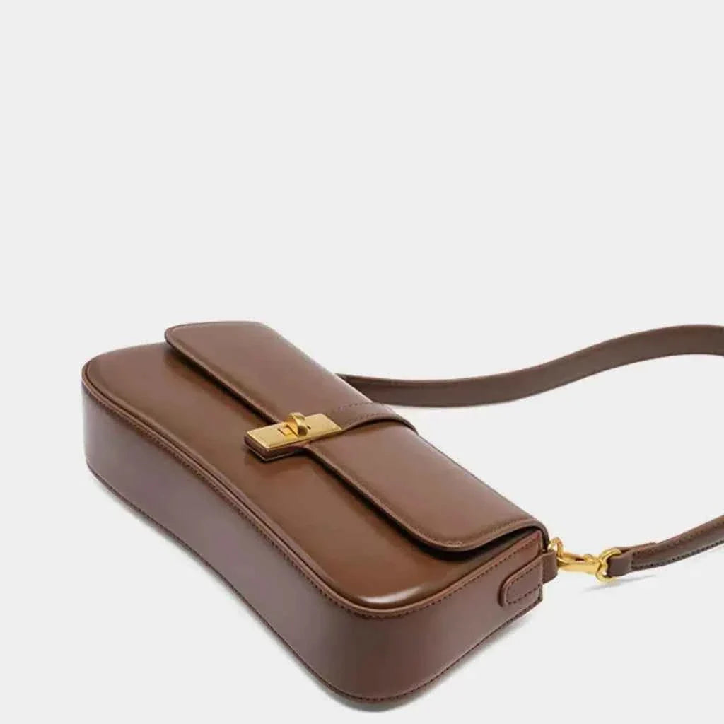 Bolsa de Ombro Estruturada de Couro PU com Aba e Fecho Dourado – Valilina