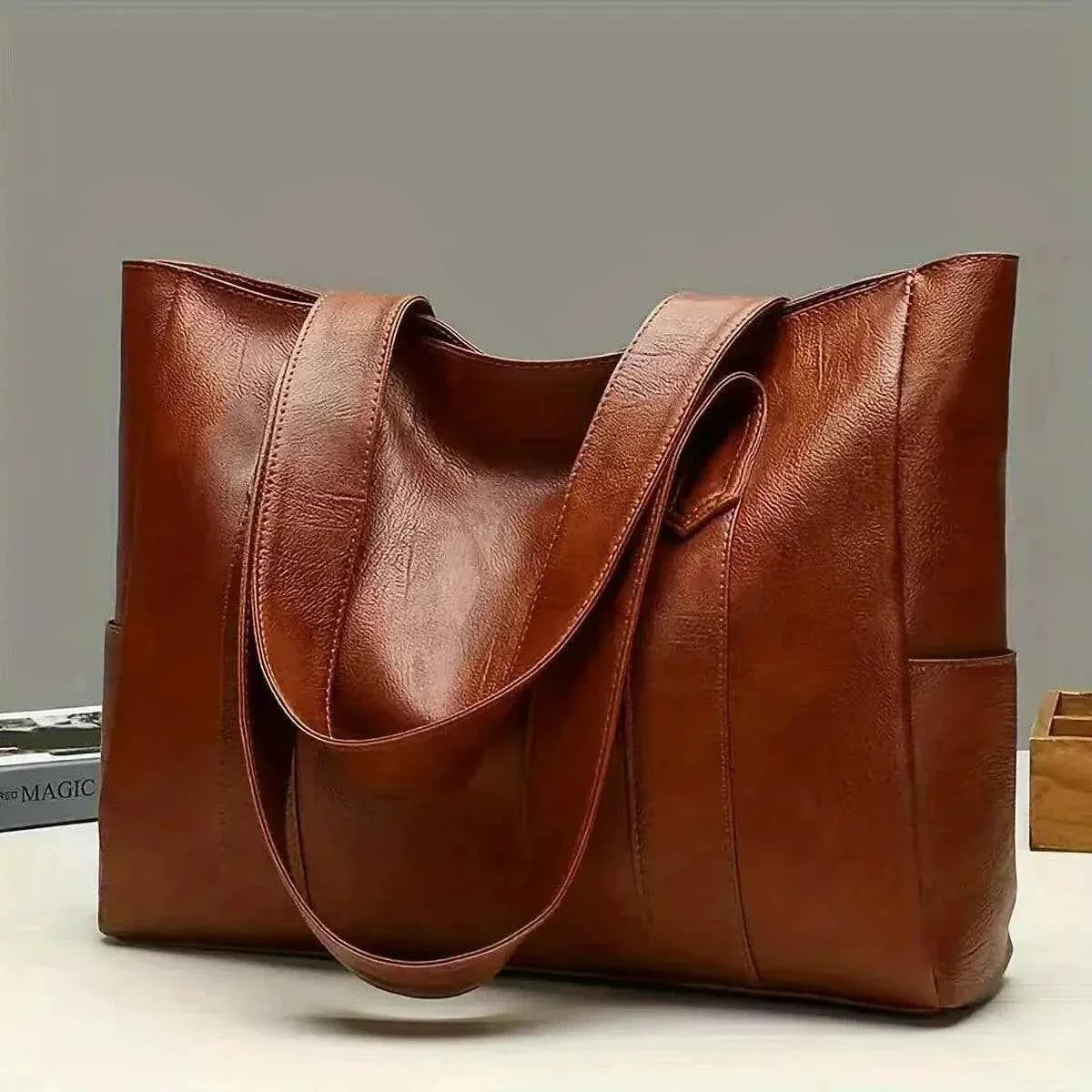 Bolsa Tote Feminina Grande de Couro PU com Alça de Ombro e Bolsos Laterais – Valalina