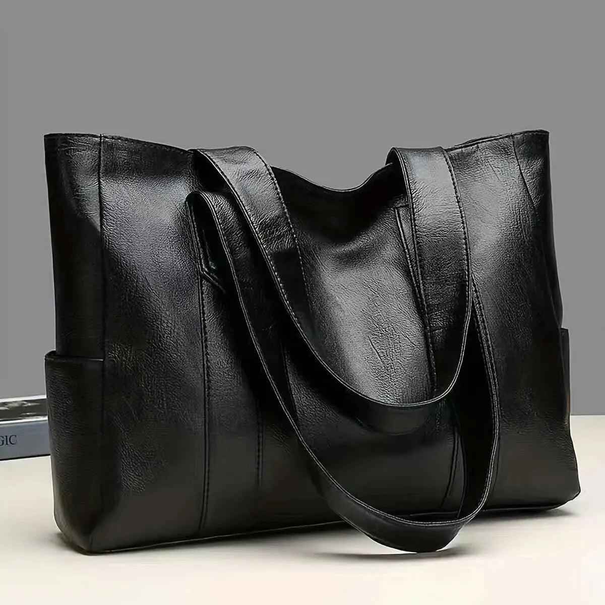 Bolsa Tote Feminina Grande de Couro PU com Alça de Ombro e Bolsos Laterais – Valalina