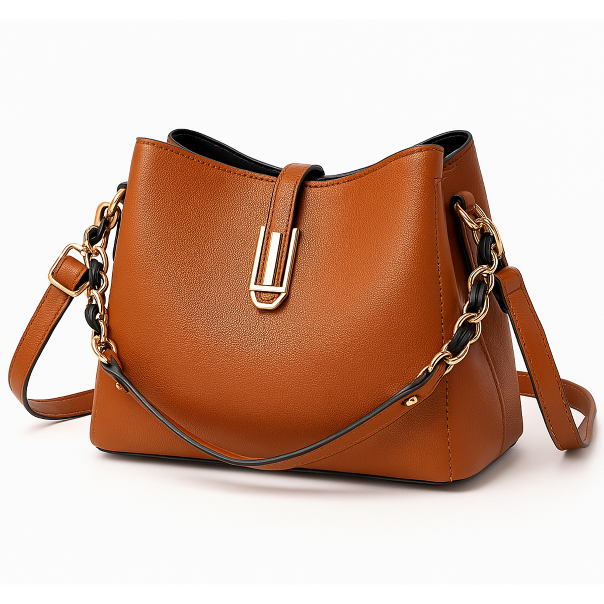 Bolsa Saco Feminina Estruturada em Couro PU com Alça de Corrente – Alelia