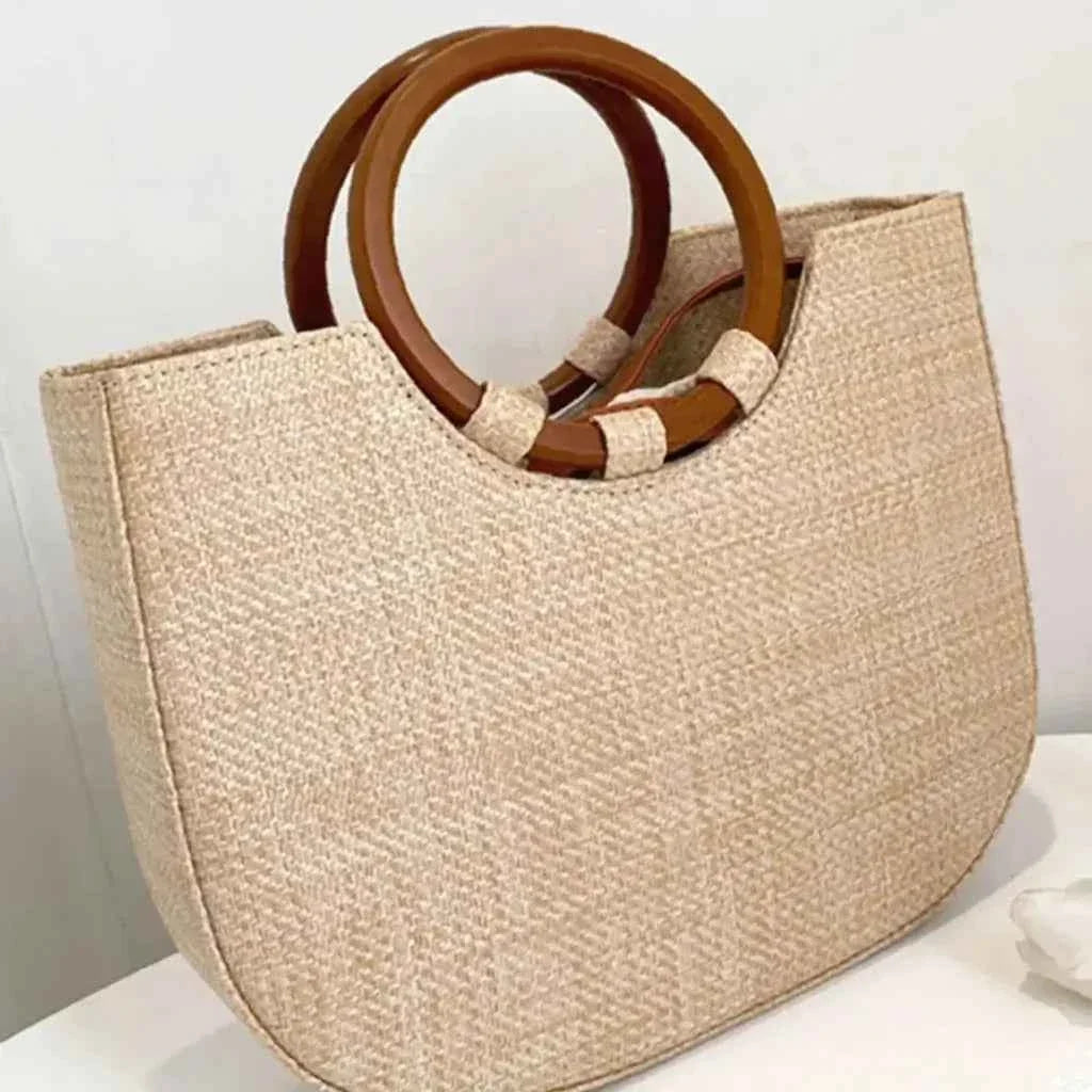 Bolsa de Palha Feminina Estruturada com Alça de Madeira – Olilina