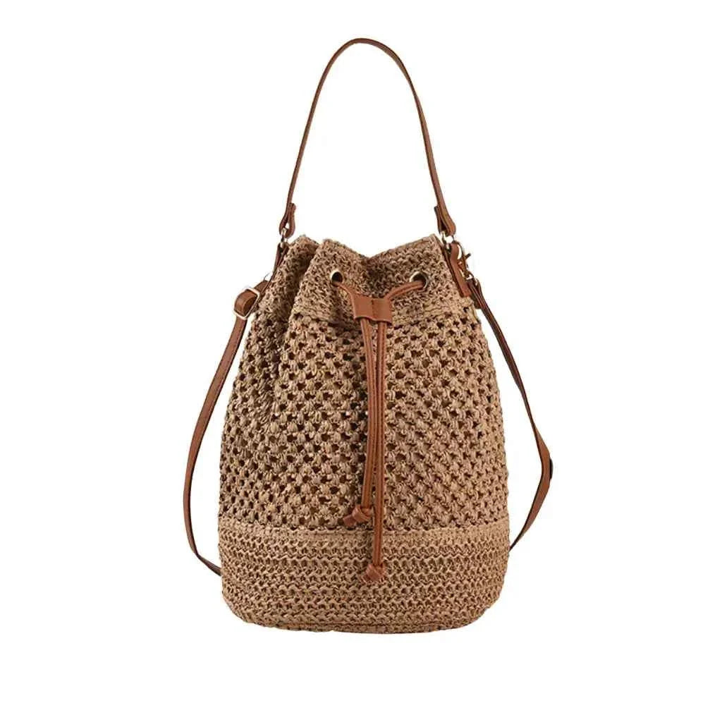 Bolsa Saco Feminina de Palha Tramada com Alça Transversal em Couro PU – Novalina