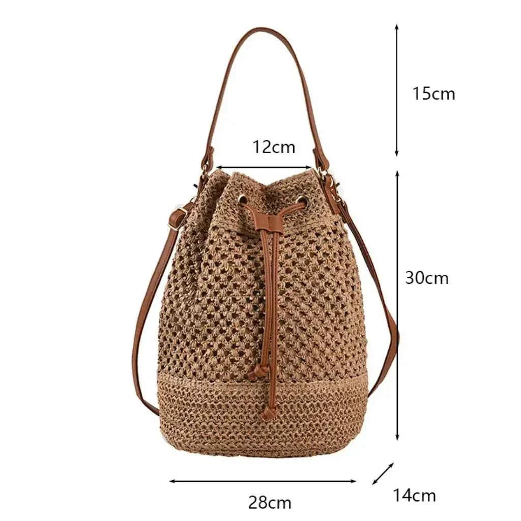 Bolsa Saco Feminina de Palha Tramada com Alça Transversal em Couro PU – Novalina