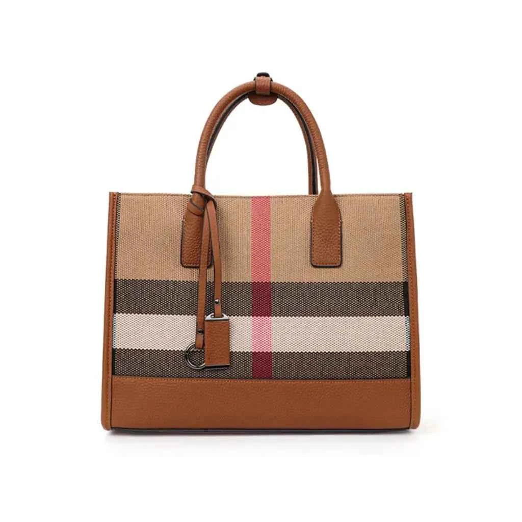 Bolsa Tote Feminina Estruturada em Lona Xadrez com Alças de Couro PU – Niralina