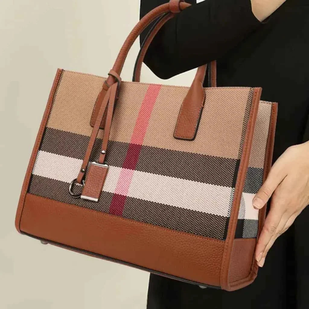 Bolsa Tote Feminina Estruturada em Lona Xadrez com Alças de Couro PU – Niralina
