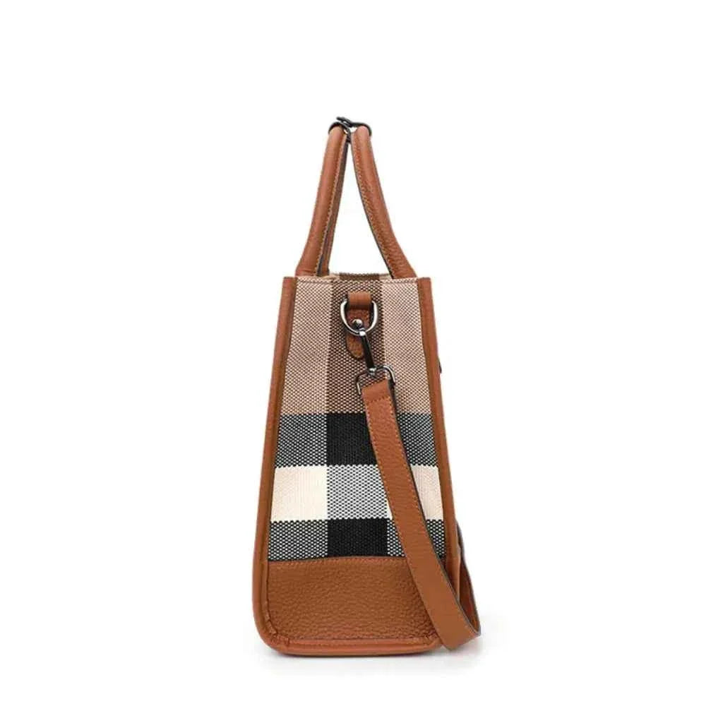 Bolsa Tote Feminina Estruturada em Lona Xadrez com Alças de Couro PU – Niralina