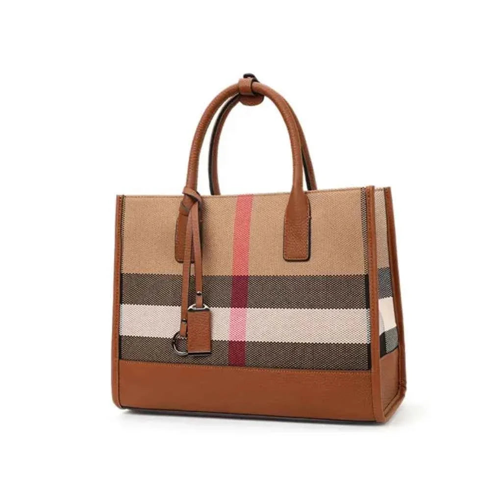 Bolsa Tote Feminina Estruturada em Lona Xadrez com Alças de Couro PU – Niralina