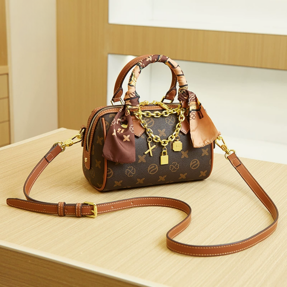 Bolsa Baú Feminina com Monograma, Alça de Lenço e Corrente Dourada – Belalia